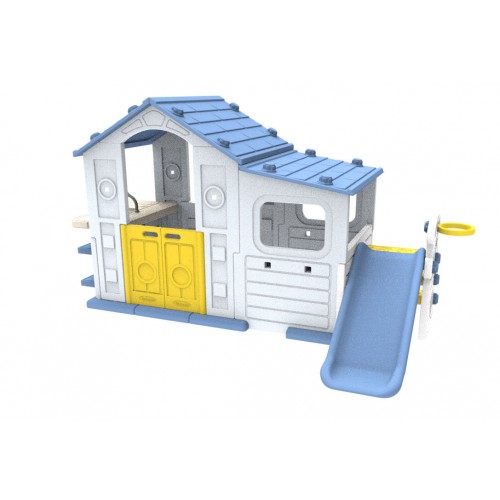 Veľký dom s predsieňou, šmykľavkou a umývadlom s modrou strechou