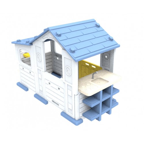 Veľký dom s predsieňou, šmykľavkou a umývadlom s modrou strechou