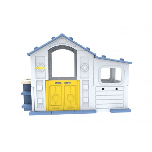 Veľký dom s vestibulom, basketbalom a umývadlom s modrou strechou