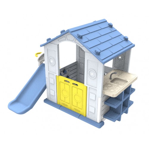 Dom so šmykľavkou a umývadlom modrá strecha