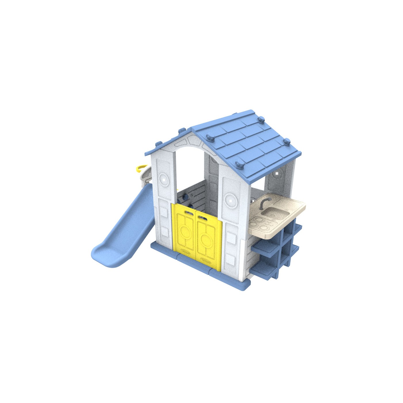 Dom so šmykľavkou a umývadlom modrá strecha