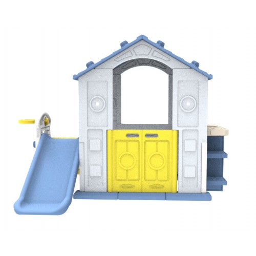 Dom so šmykľavkou a umývadlom modrá strecha