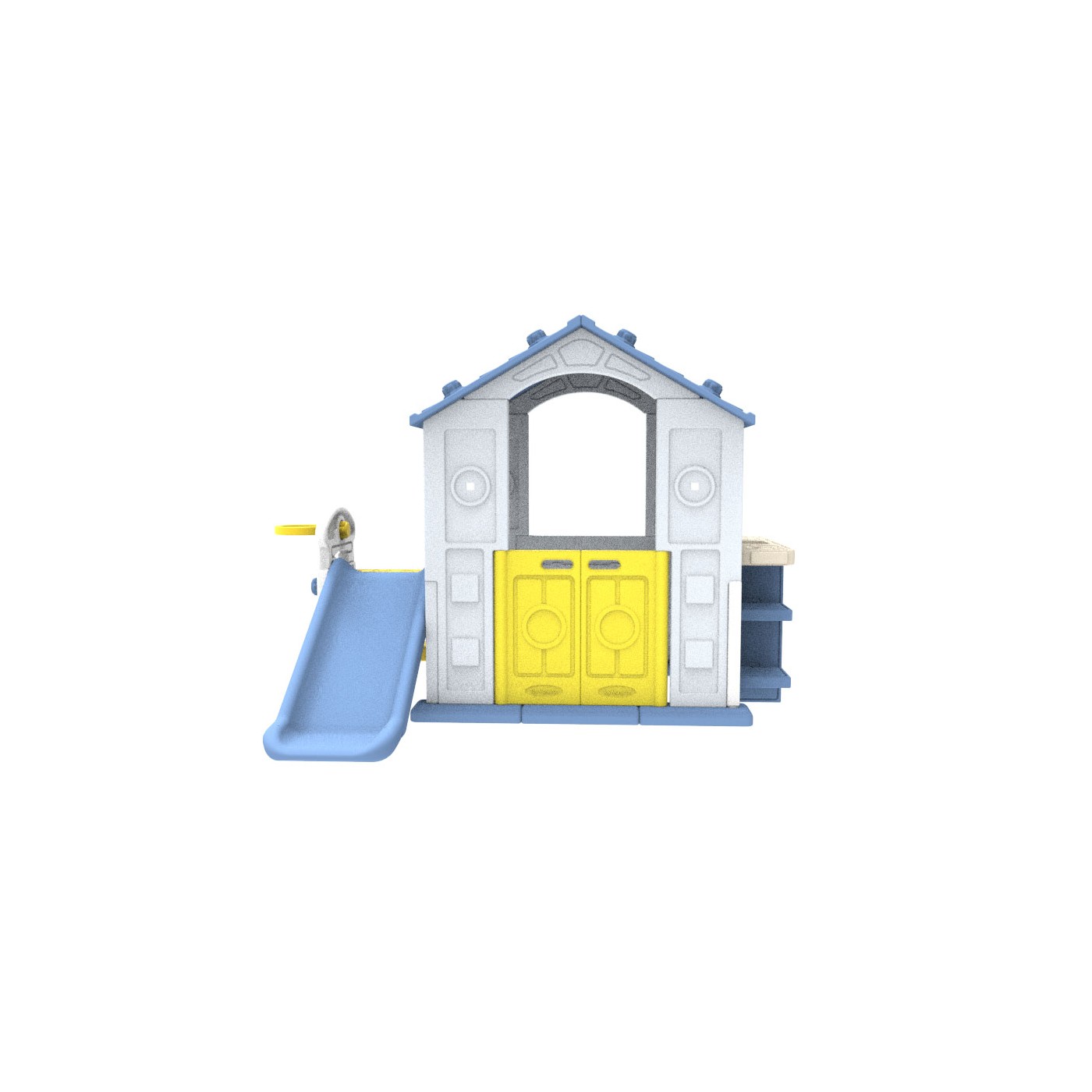 Dom so šmykľavkou a umývadlom modrá strecha