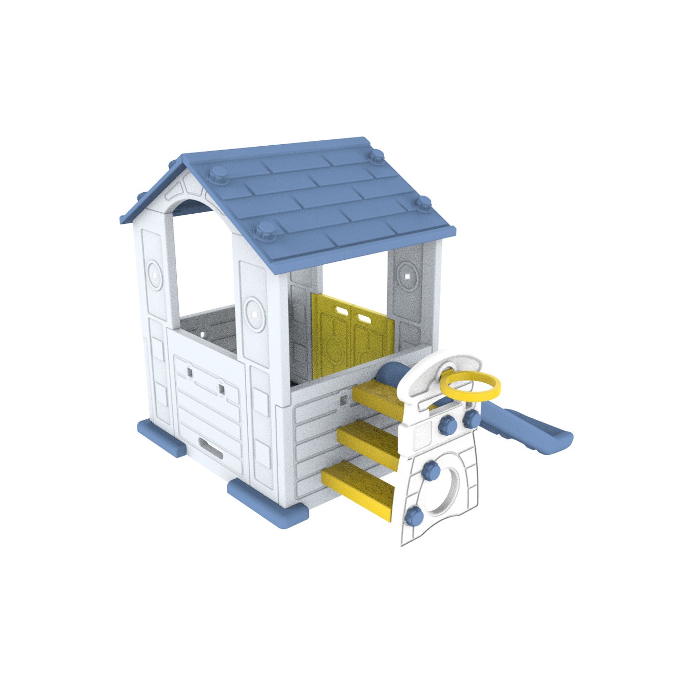 Záhradný domček 3v1 pre deti Modrá strecha + šmykľavka + basketbal