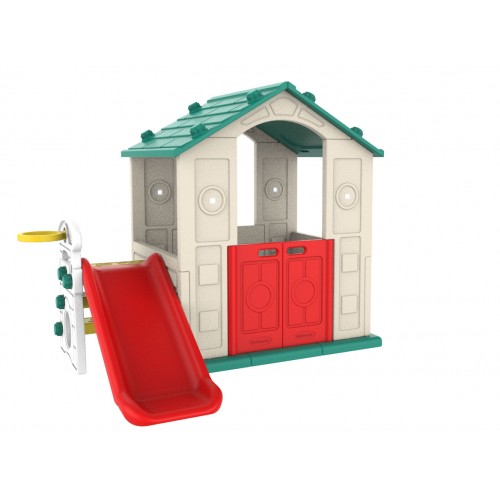 Záhradný domček 3v1 pre deti Zelená strecha + šmykľavka + basketbal