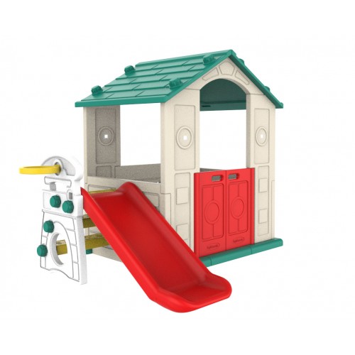 Záhradný domček 3v1 pre deti Zelená strecha + šmykľavka + basketbal