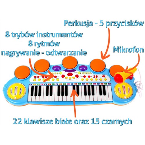 Modrý hudobný set Klávesy + Bubny + Mikrofón pre deti 3+ Svetlá + Zvuky 3 oktávy