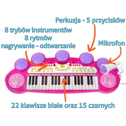 Ružový hudobný set Klávesy + Bubny + Mikrofón pre deti 3+ Svetlá + Zvuky 3 oktávy