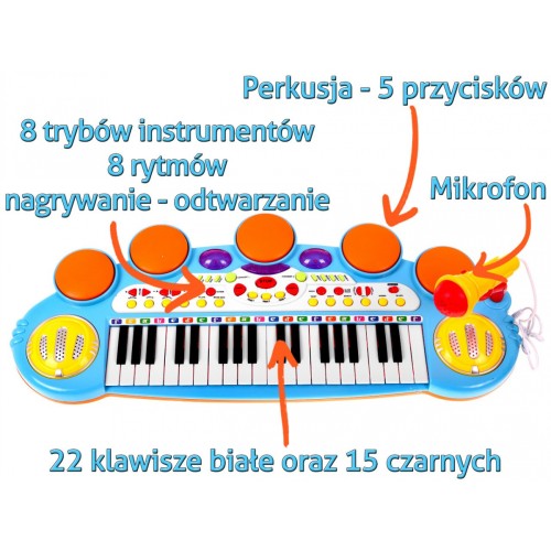 Klávesy Bubny MP3 USB 3 Oktávy Modráé