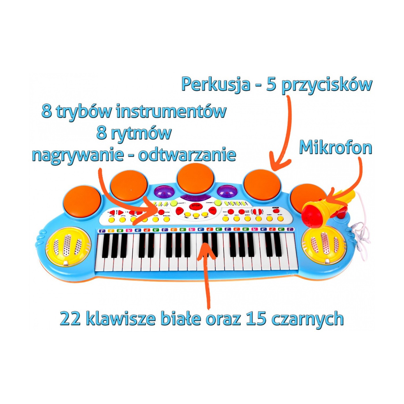Klávesy Bubny MP3 USB 3 Oktávy Modráé