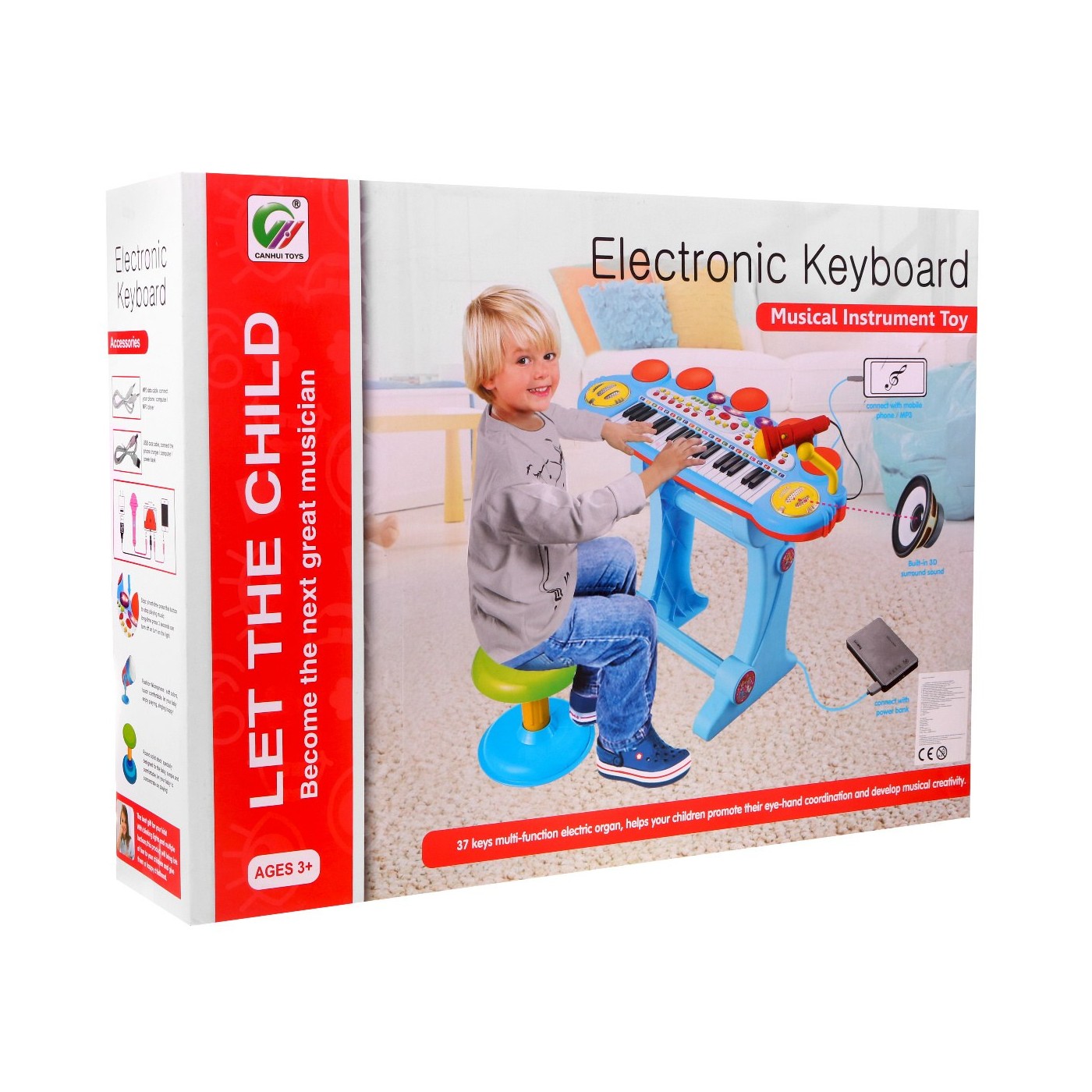 Klávesy Bubny MP3 USB 3 Oktávy Modráé