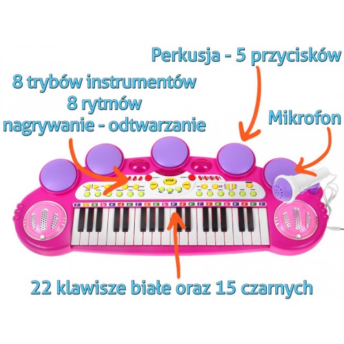 Klávesy Bubny MP3 USB 3 Oktávy Ružové