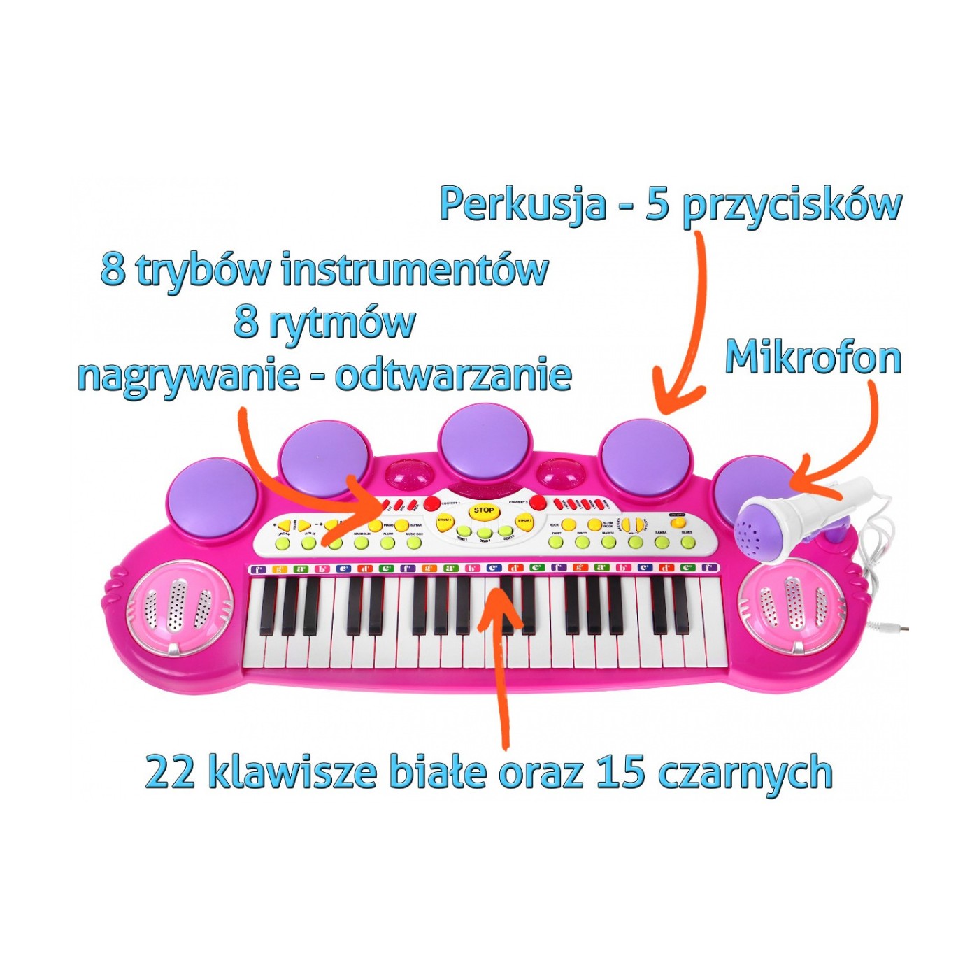 Klávesy Bubny MP3 USB 3 Oktávy Ružové