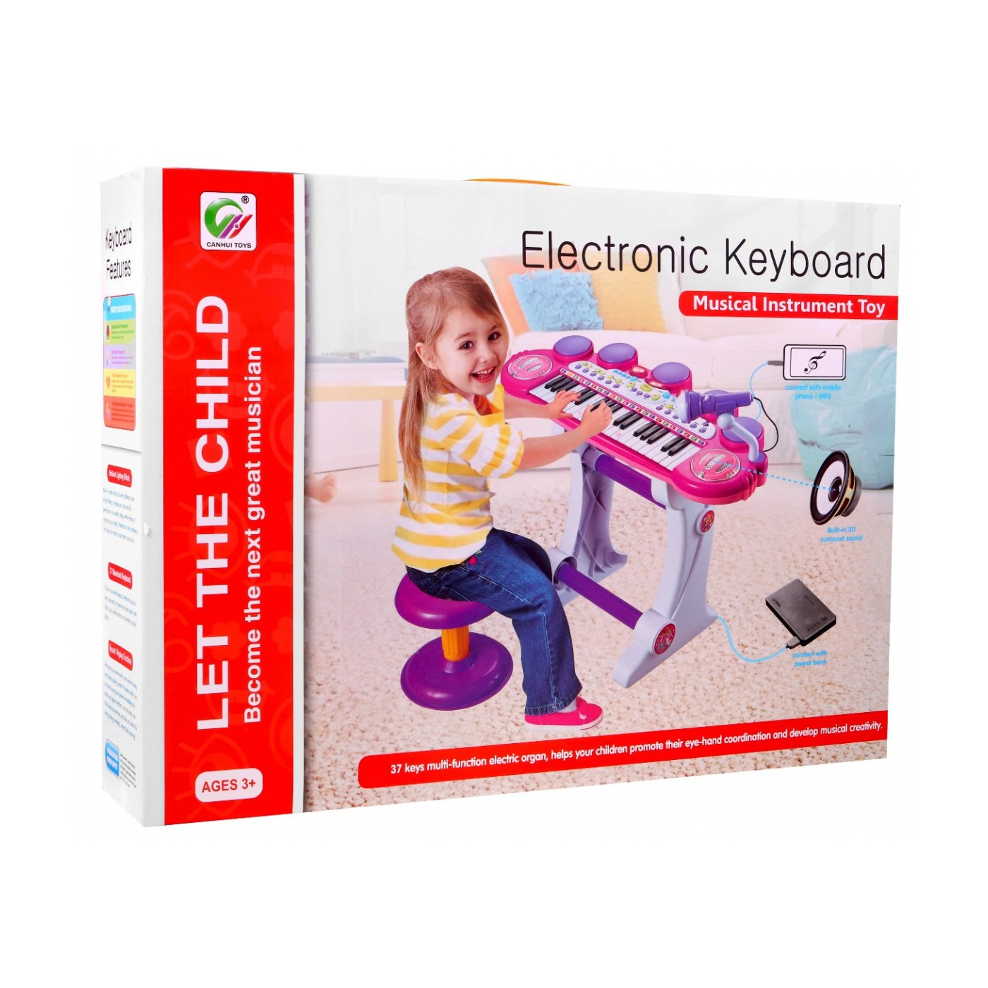 Klávesy Bubny MP3 USB 3 Oktávy Ružové