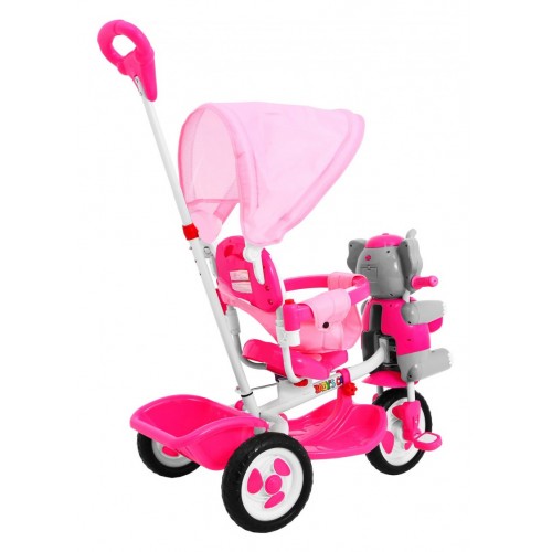 3-kolesový detský bicykel Ružový slon + zvuky + strieška + zábrana + opierka na nohy + rukoväť + úložný priestor