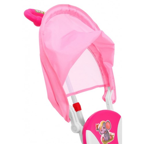 3-kolesový detský bicykel Ružový slon + zvuky + strieška + zábrana + opierka na nohy + rukoväť + úložný priestor