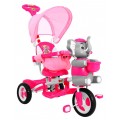 3-kolesový detský bicykel Ružový slon + zvuky + strieška + zábrana + opierka na nohy + rukoväť + úložný priestor