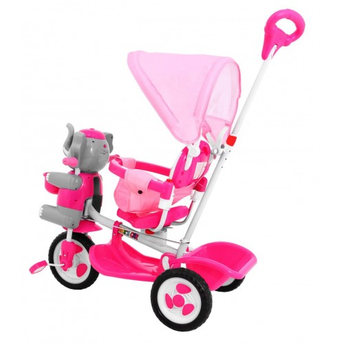 3-kolesový detský bicykel Ružový slon + zvuky + strieška + zábrana + opierka na nohy + rukoväť + úložný priestor