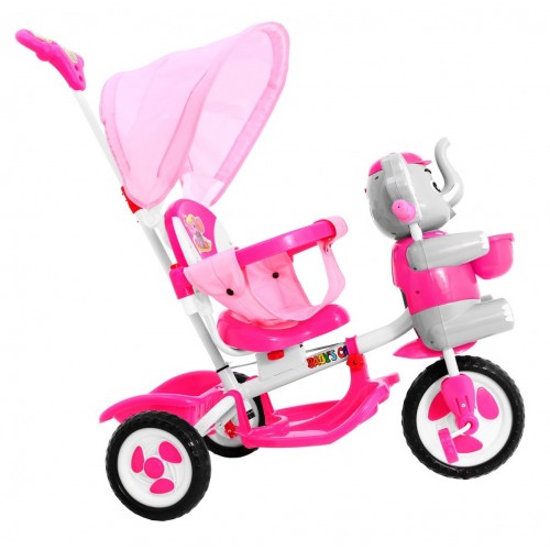 3-kolesový detský bicykel Ružový slon + zvuky + strieška + zábrana + opierka na nohy + rukoväť + úložný priestor