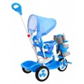 3-kolesový detský bicykel Blue Elephant + zvuky + strieška + zábrana + opierka na nohy + rukoväť + úložný priestor