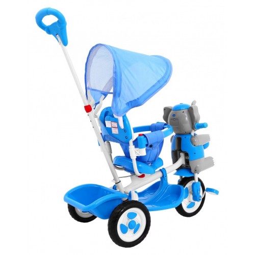 3-kolesový detský bicykel Blue Elephant + zvuky + strieška + zábrana + opierka na nohy + rukoväť + úložný priestor