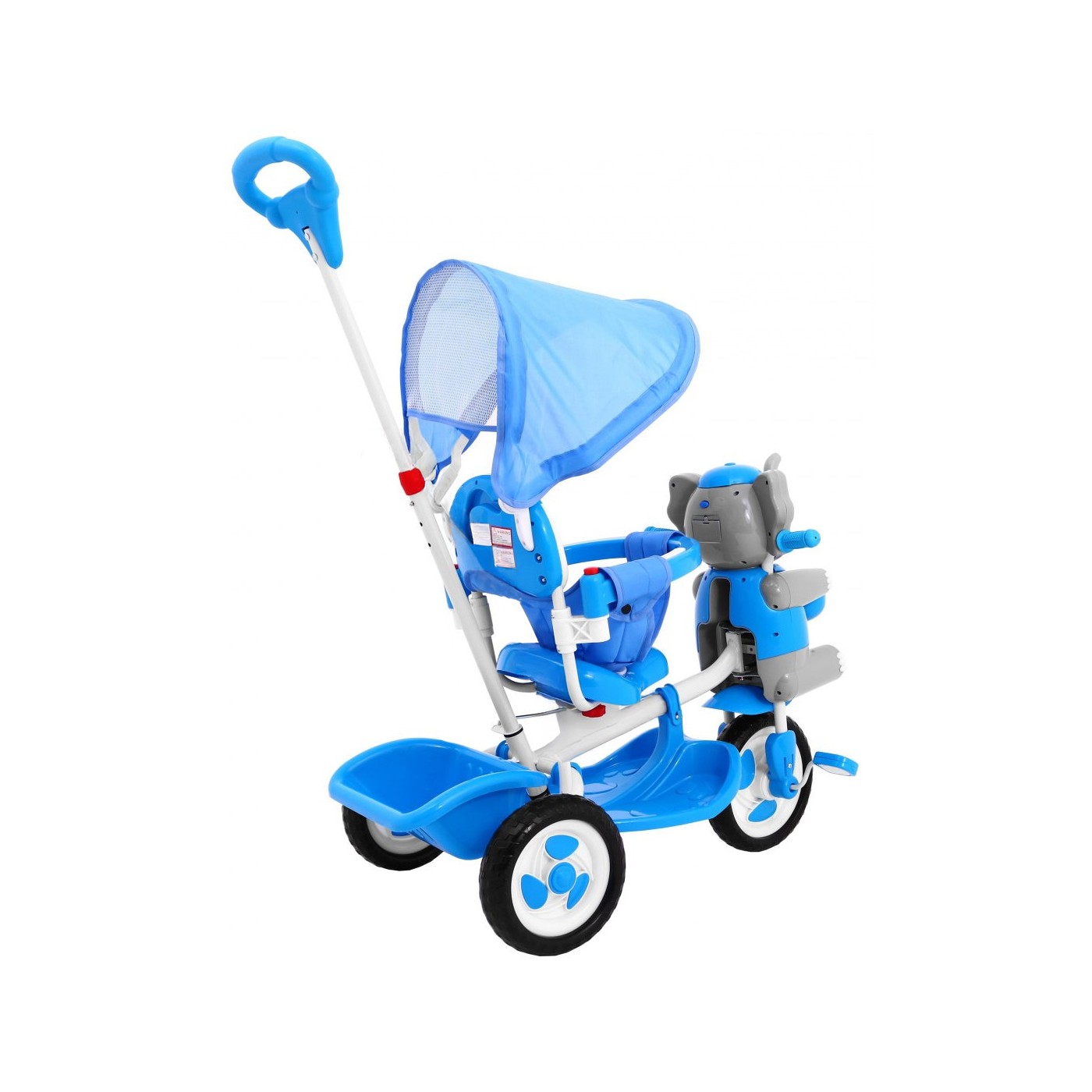 3-kolesový detský bicykel Blue Elephant + zvuky + strieška + zábrana + opierka na nohy + rukoväť + úložný priestor