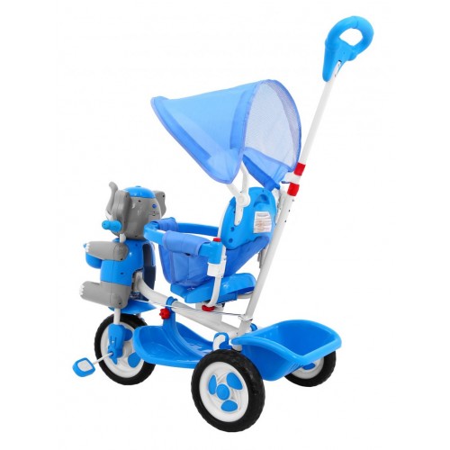 3-kolesový detský bicykel Blue Elephant + zvuky + strieška + zábrana + opierka na nohy + rukoväť + úložný priestor