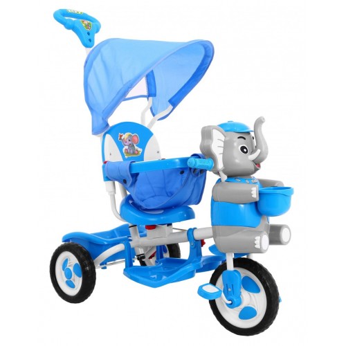 3-kolesový detský bicykel Blue Elephant + zvuky + strieška + zábrana + opierka na nohy + rukoväť + úložný priestor