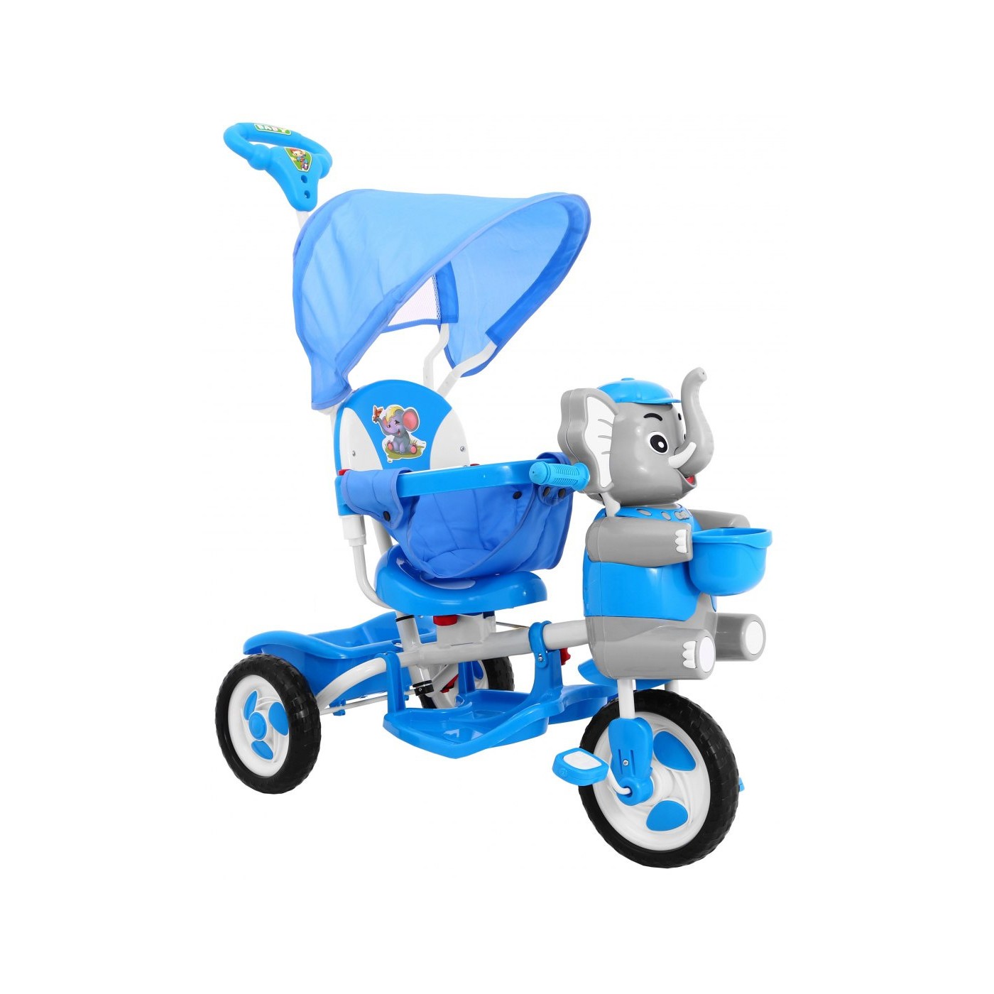 3-kolesový detský bicykel Blue Elephant + zvuky + strieška + zábrana + opierka na nohy + rukoväť + úložný priestor