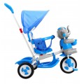 3-kolesový detský bicykel Blue Elephant + zvuky + strieška + zábrana + opierka na nohy + rukoväť + úložný priestor
