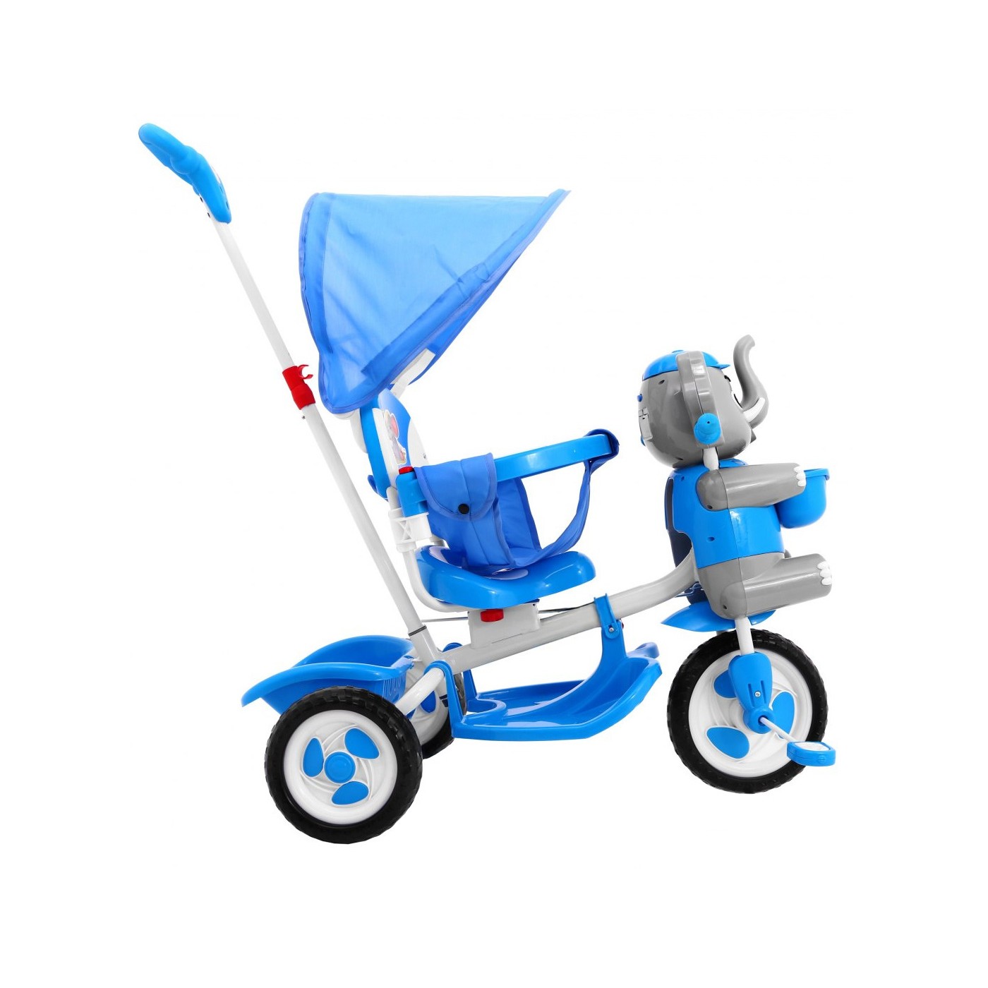 3-kolesový detský bicykel Blue Elephant + zvuky + strieška + zábrana + opierka na nohy + rukoväť + úložný priestor