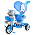 3-kolesový detský bicykel Blue Elephant + zvuky + strieška + zábrana + opierka na nohy + rukoväť + úložný priestor