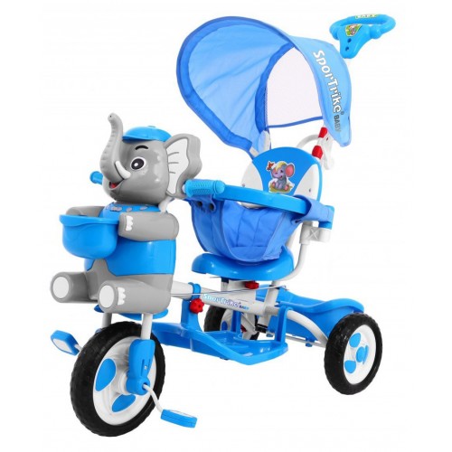 3-kolesový detský bicykel Blue Elephant + zvuky + strieška + zábrana + opierka na nohy + rukoväť + úložný priestor