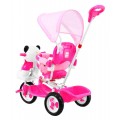 3-kolesový detský bicykel Panda Pink + zvuky + strieška + zábrana + opierka na nohy + rukoväť + úložný priestor