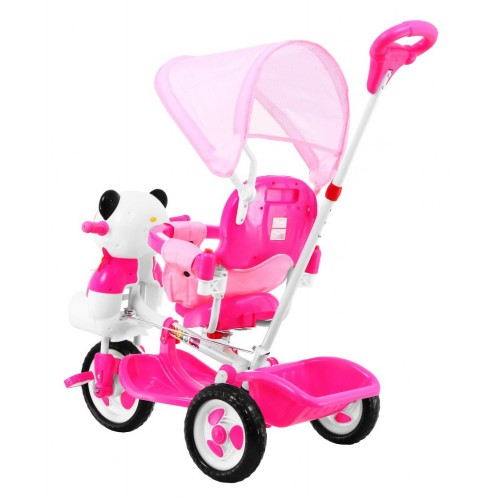 3-kolesový detský bicykel Panda Pink + zvuky + strieška + zábrana + opierka na nohy + rukoväť + úložný priestor