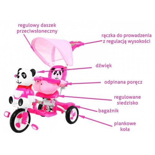 3-kolesový detský bicykel Panda Pink + zvuky + strieška + zábrana + opierka na nohy + rukoväť + úložný priestor