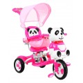 3-kolesový detský bicykel Panda Pink + zvuky + strieška + zábrana + opierka na nohy + rukoväť + úložný priestor