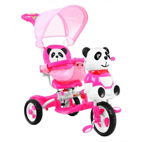 3-kolesový detský bicykel Panda Pink + zvuky + strieška + zábrana + opierka na nohy + rukoväť + úložný priestor