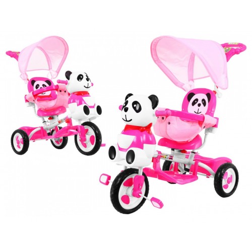 3-kolesový detský bicykel Panda Pink + zvuky + strieška + zábrana + opierka na nohy + rukoväť + úložný priestor