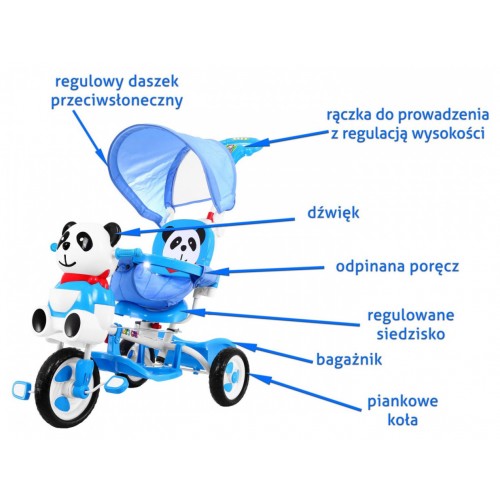 3-kolesový detský bicykel Panda Blue + zvuky + strieška + zábrana + opierka na nohy + rukoväť + úložný box