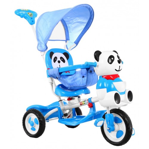 3-kolesový detský bicykel Panda Blue + zvuky + strieška + zábrana + opierka na nohy + rukoväť + úložný box