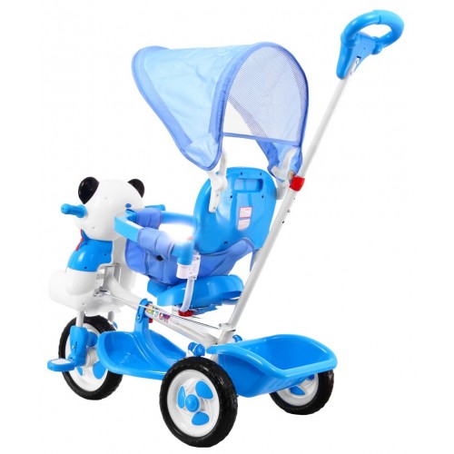 3-kolesový detský bicykel Panda Blue + zvuky + strieška + zábrana + opierka na nohy + rukoväť + úložný box