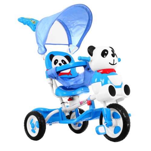 3-kolesový detský bicykel Panda Blue + zvuky + strieška + zábrana + opierka na nohy + rukoväť + úložný box