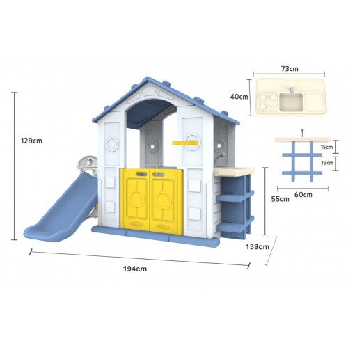 Dom so šmykľavkou a umývadlom modrá strecha