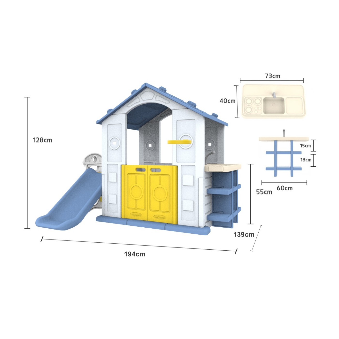 Dom so šmykľavkou a umývadlom modrá strecha