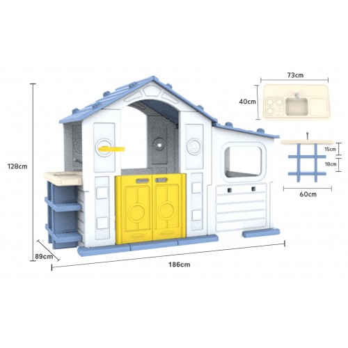 Veľký dom s vestibulom, basketbalom a umývadlom s modrou strechou