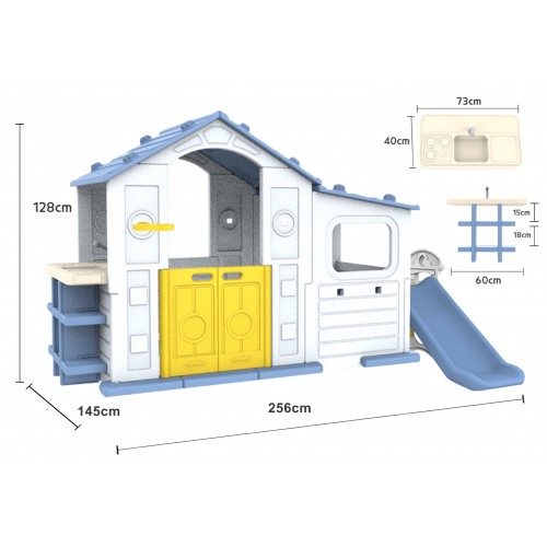 Veľký dom s predsieňou, šmykľavkou a umývadlom s modrou strechou