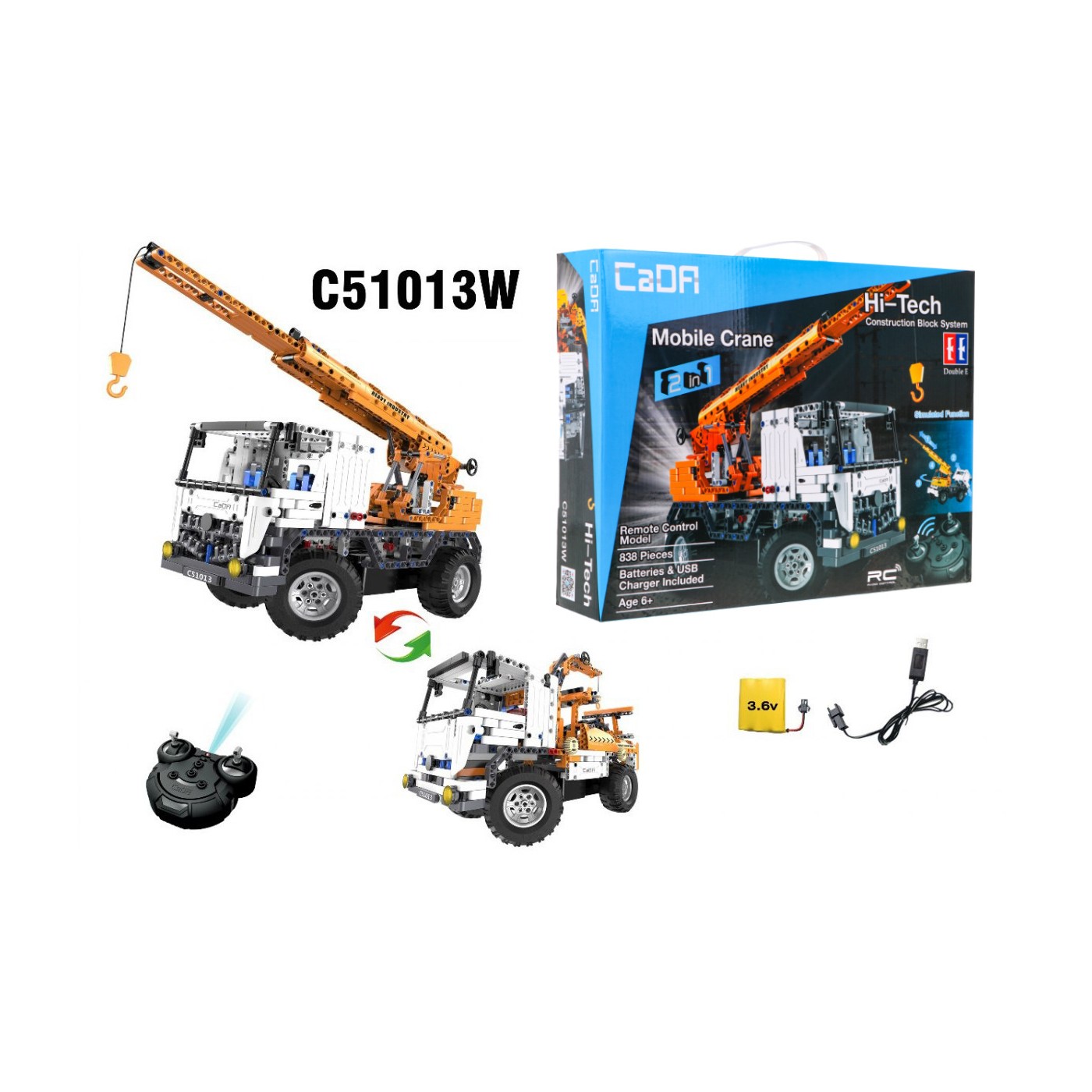Stavebnica CaDA 838 ks. Diaľkovo ovládaný Žeriav + Ťahač 2v1 pre deti 6+