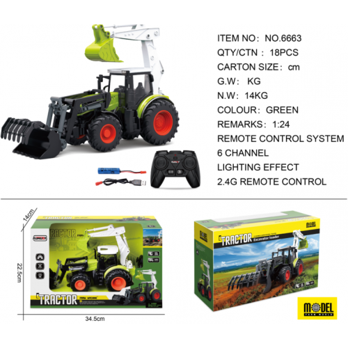 R/C traktor 1:24 zelený s funkciou rýpadla