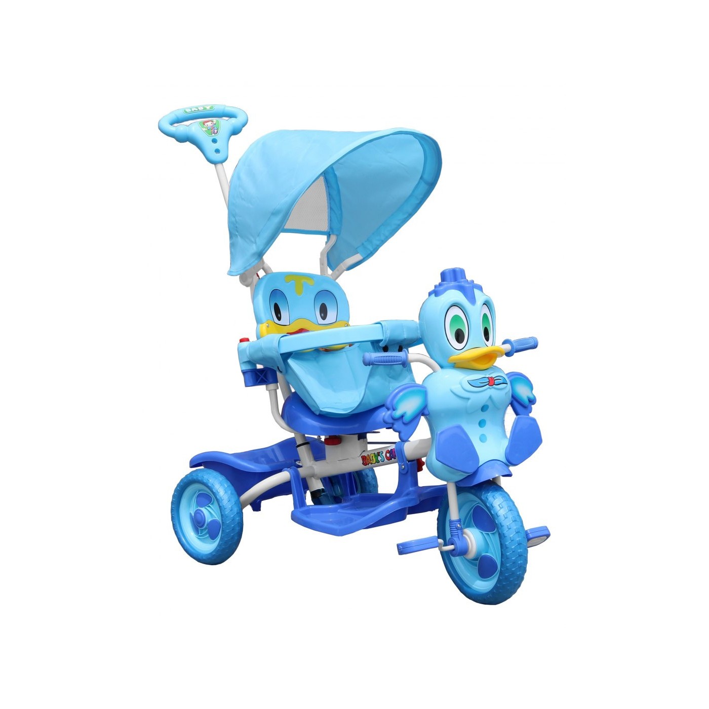 Detský 3-kolesový bicykel Duck Blue + zvuky + strecha + zábrana + opierka na nohy + rukoväť + úložný priestor